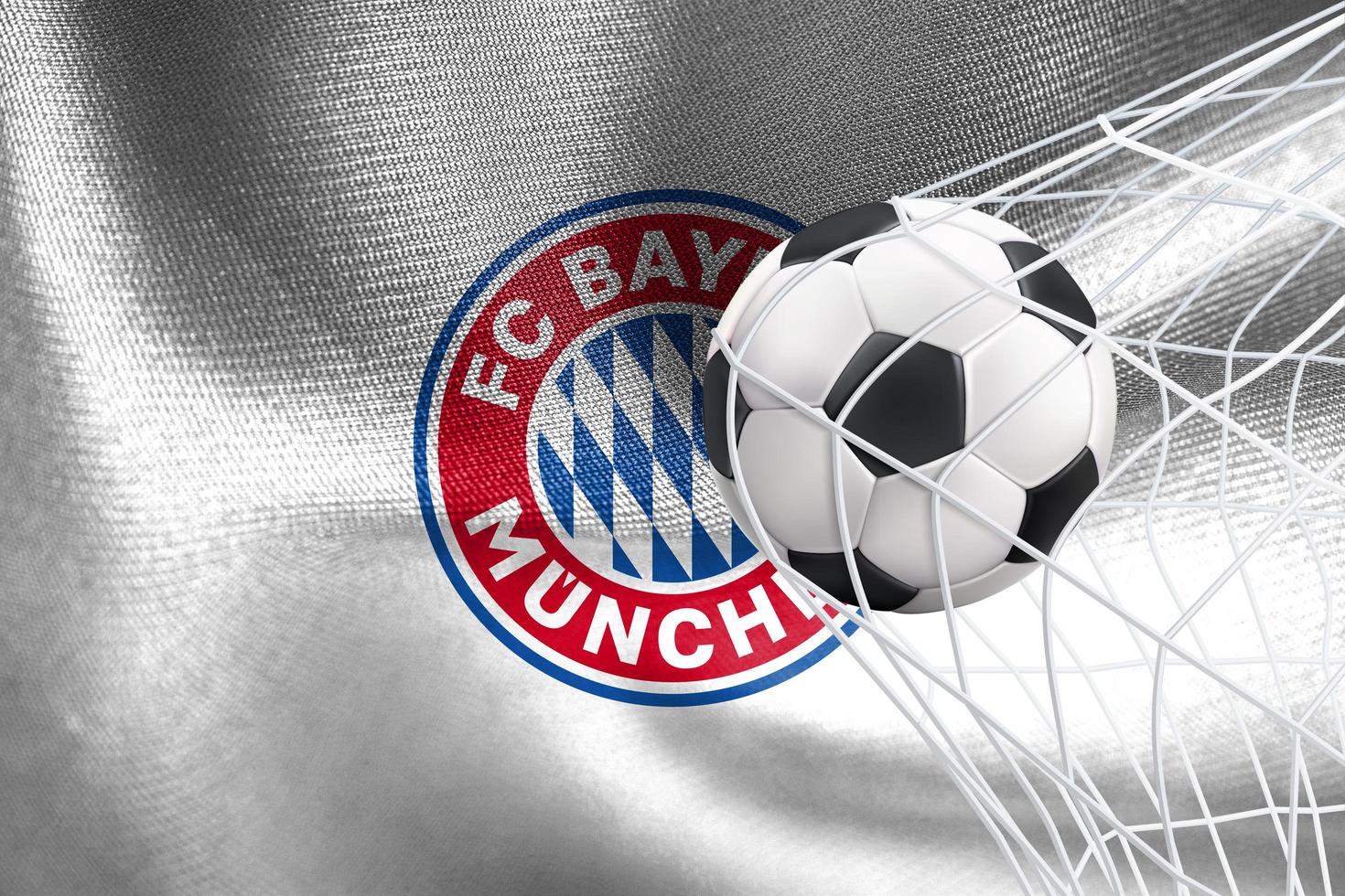 UEFA Champions League 2023, FC Bayern Munich  flag with a soccer ball in net, UEFA Wallpaper, 3D work and 3D image. photo