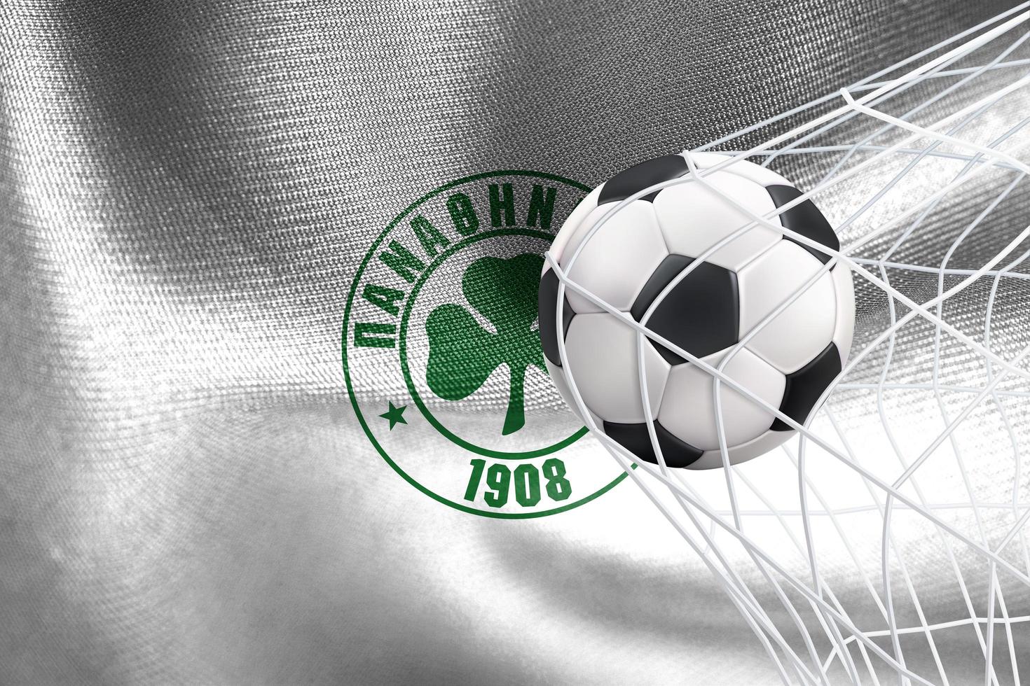 UEFA Champions League 2023, Panathinaikos F.C. flag with a soccer ball in net, UEFA Wallpaper, 3D work and 3D image. Yerevan, Armenia - 2023 January 27 photo