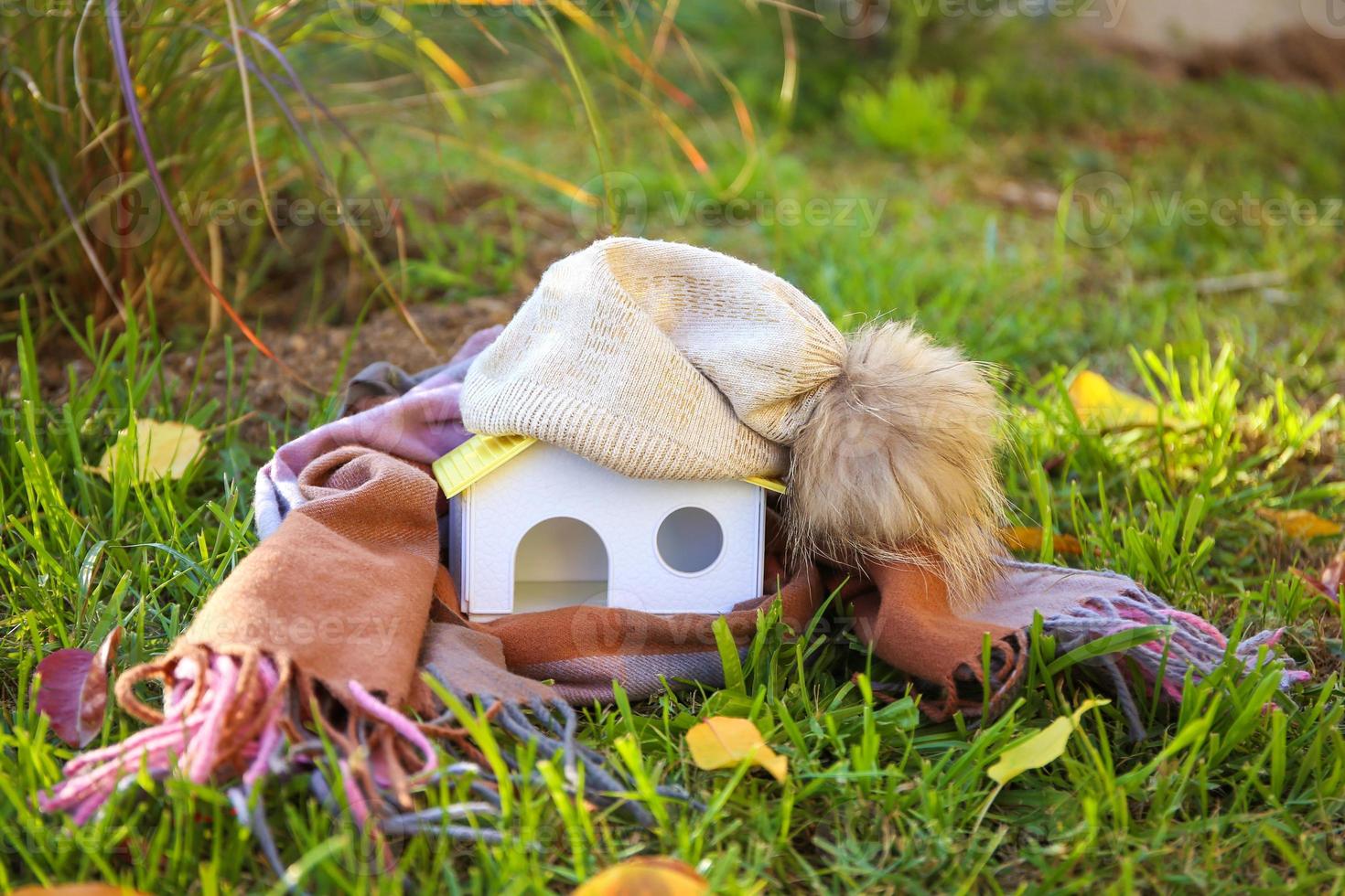 A woolen hat is lying on the roof of the house. The concept of alternative heating. photo
