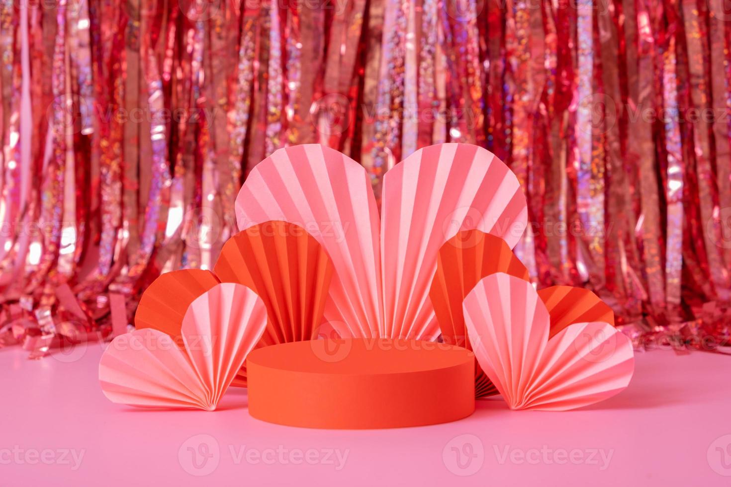 Mock up podium stage or pedestal and hearts symbol love. Decorations to Valentines day for your products photo