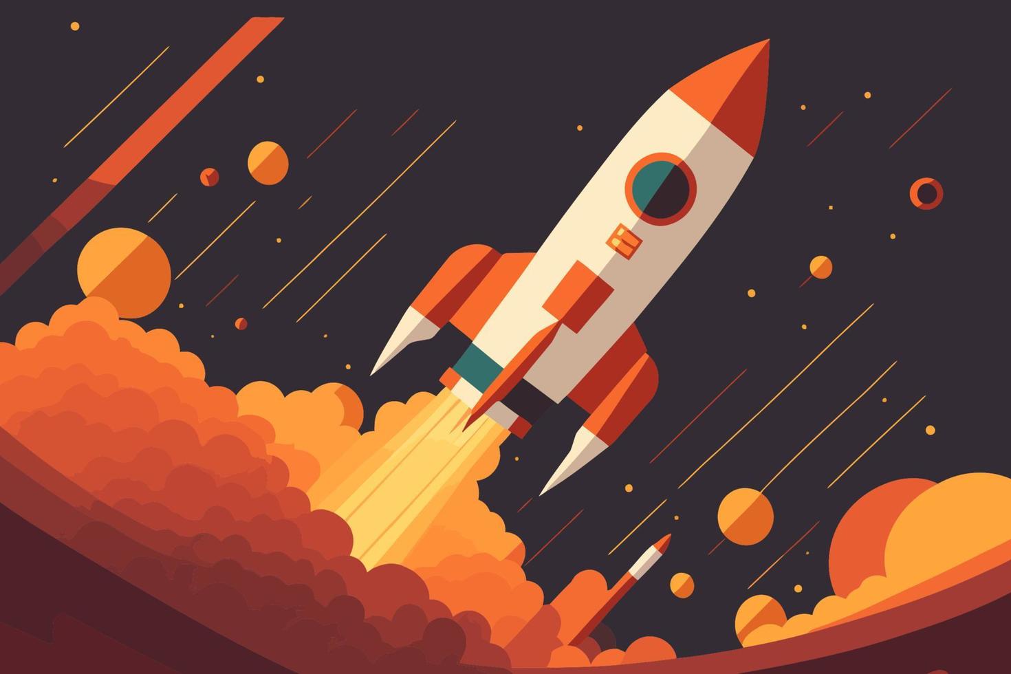 Rocket flying in space. Start up business concept. Flat design vector illustration.