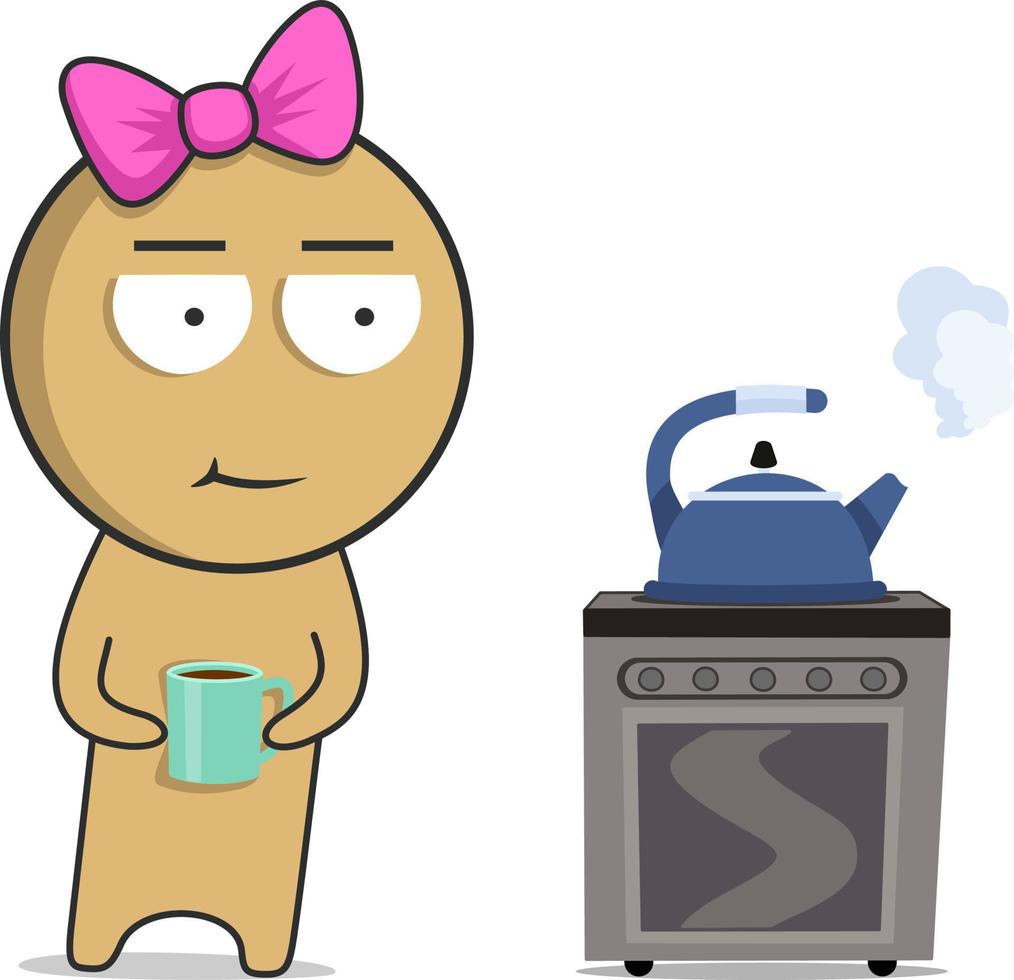 Girl in the kitchen next to the kettle with a mug in her hands. vector