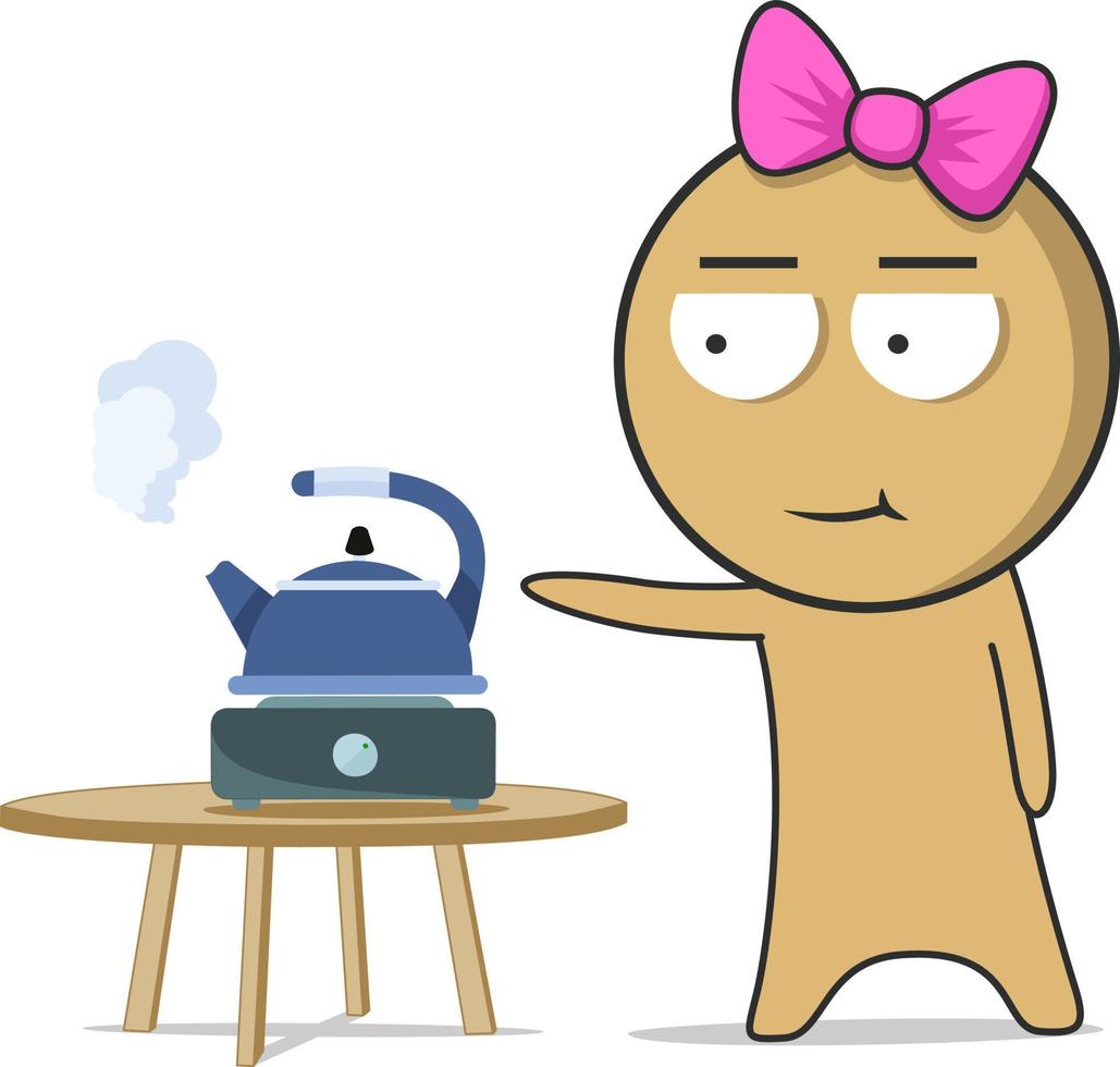 The girl puts the kettle on to make tea vector