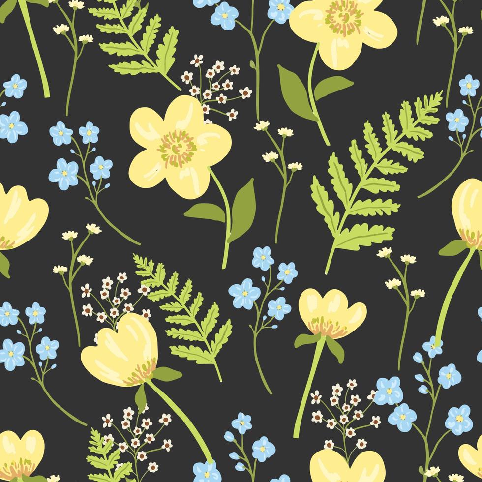 Floral vector seamless pattern. Meadow flowers on a dark background.  Seamless vector texture