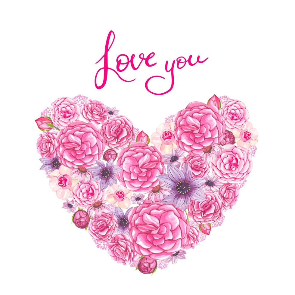 ramo de rosas rosadas en forma de corazón. ilustración acuarela vector