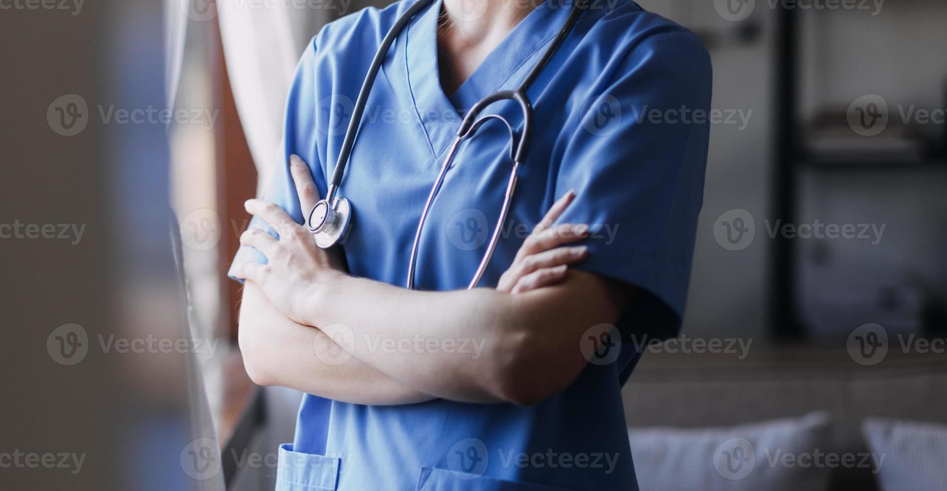 Homecare nursing service and elderly people cardiology healthcare. Close up of young hispanic female doctor nurse check mature caucasian man patient heartbeat using stethoscope during visit photo