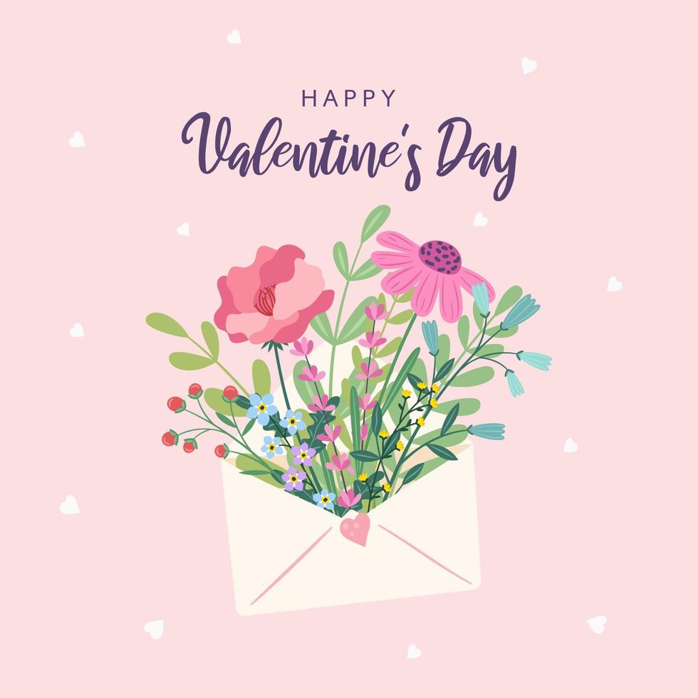 Vector illustration of flowers in an envelope. Valentine's Day. The concept of love. Greeting card, poster, banner. Lovely romantic background. Flat  cartoon vector design.