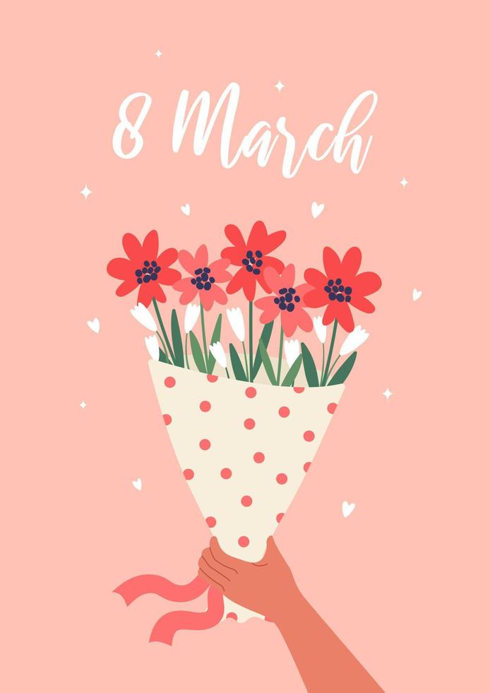 feliz día de la mujer. encantadora tarjeta de felicitación divertida con un ramo de flores en la mano. linda ilustración vectorial festiva para la celebración del 8 de marzo. vector