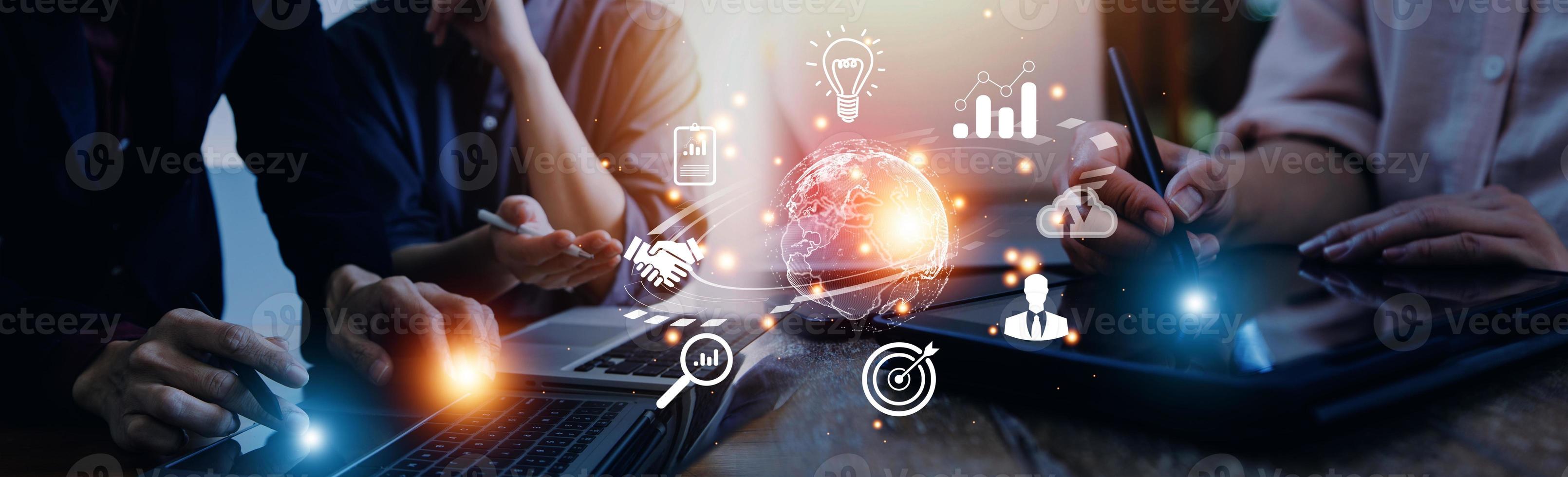 woman Hand holding virtual Global Internet connection metaverse. Business global internet connection application technology and digital marketing, Financial and banking, Digital link tech, big data. photo
