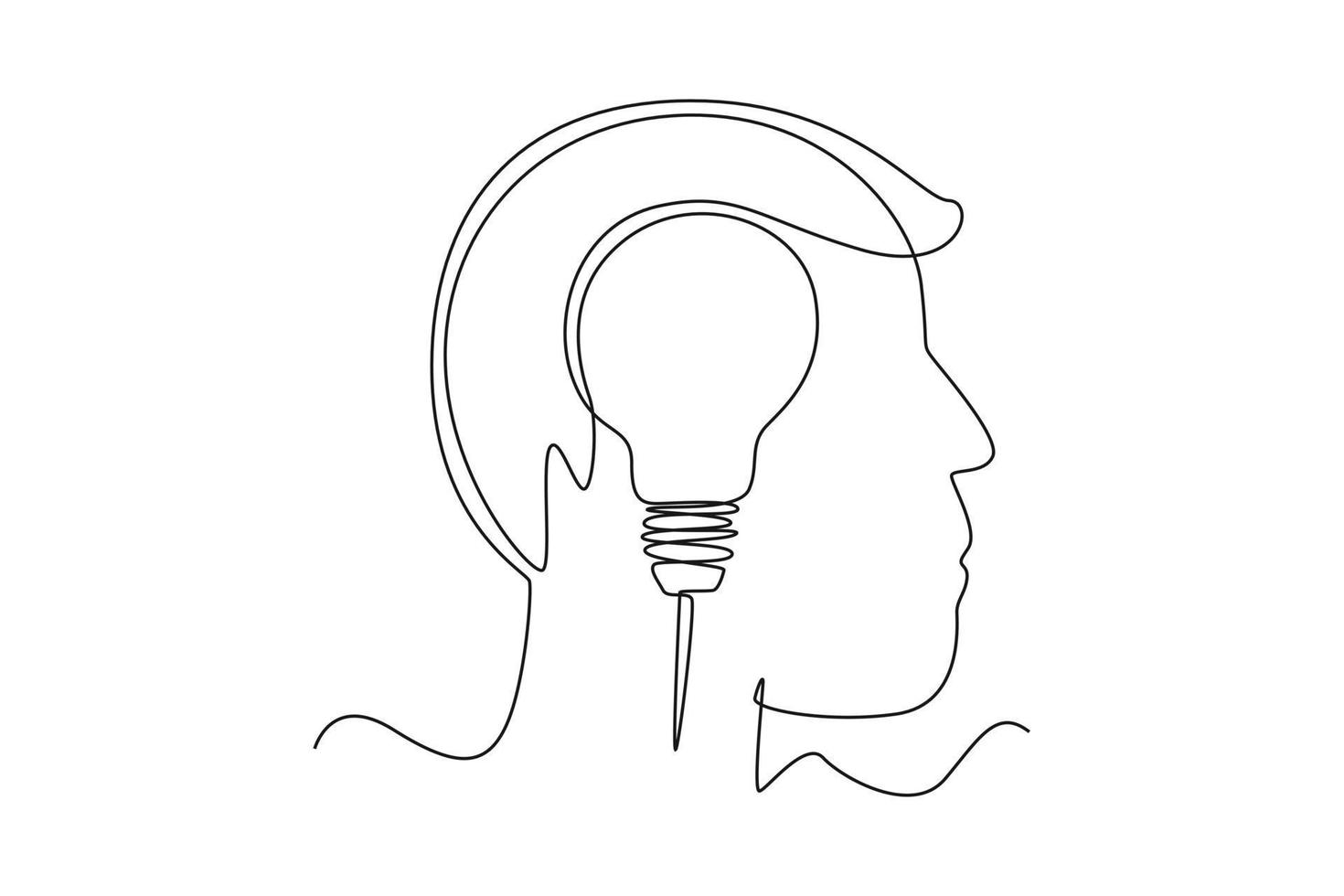 Continuous one line drawing Human head with light bulb. Personal growth concept. Single line draw design vector graphic illustration.
