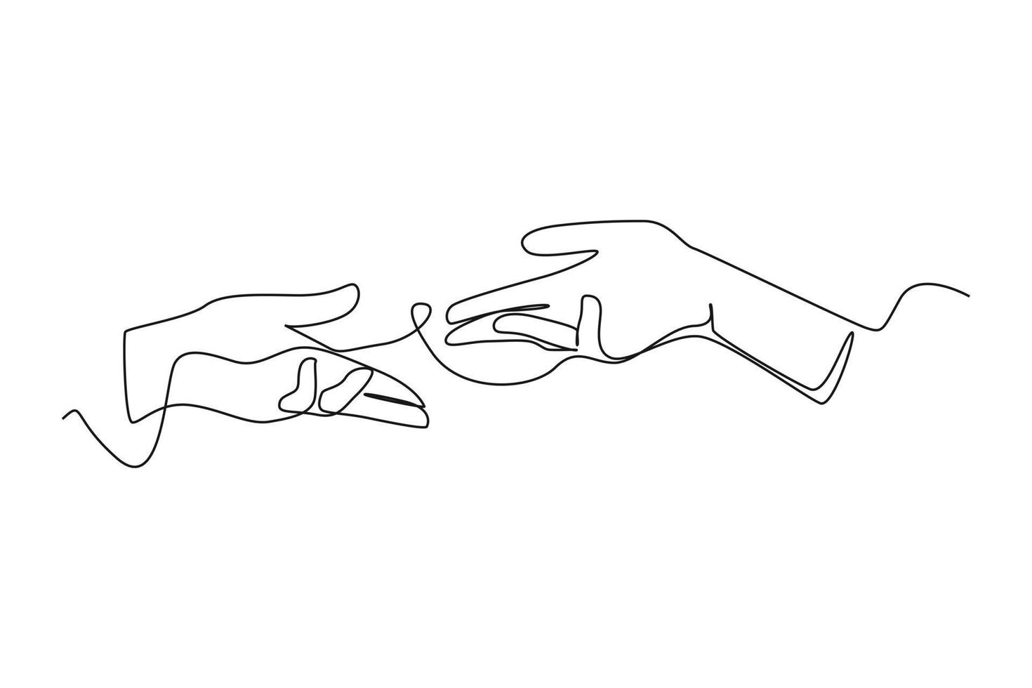 Continuous one line drawing hands reaching towards each other. Human relation concept. Single line draw design vector graphic illustration.