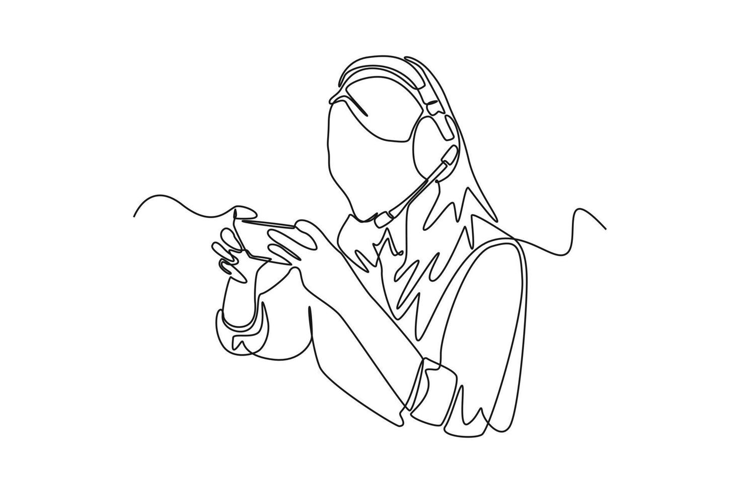 A young man with headset looking at monitor computer. Continuous one line  drawing of a gamer playing games with computer monitor, headphone, mouse,  and keyboard. Sparring game online concept 2099816 Vector Art