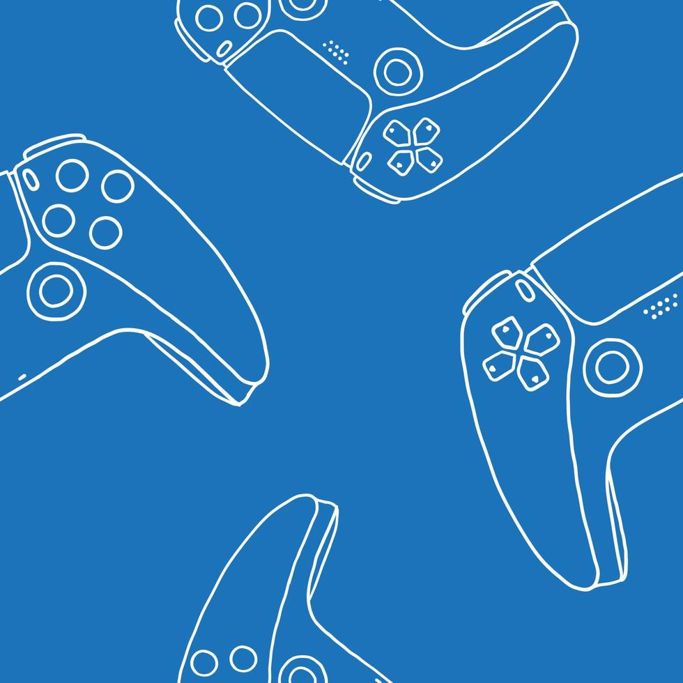 Seamless pattern of game controllers. Vector illustration in hand-drawn outline flat style on blue background