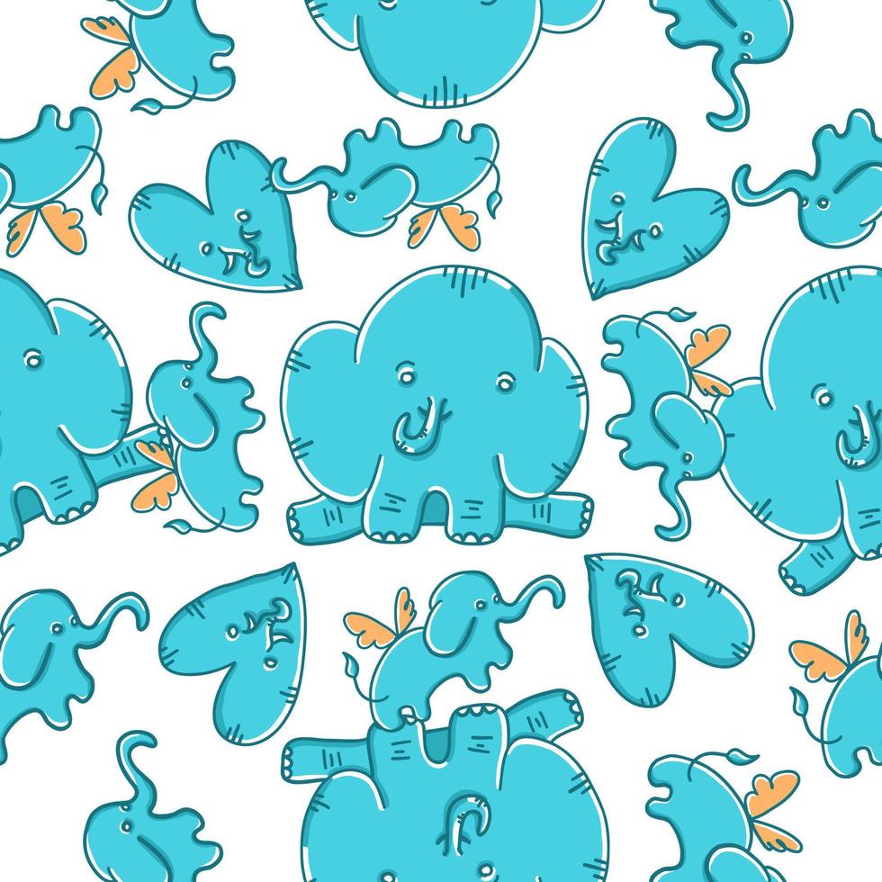 Happy Valentine Day. Seamless pattern. Lovely Elephants in outline cartoon flat style isolated on white background. vector