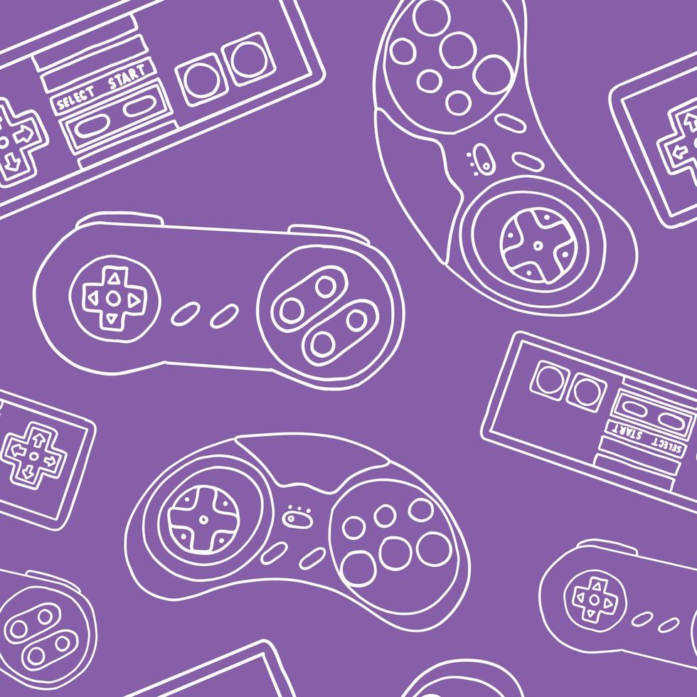 Seamless pattern of game controllers. Vector illustration in hand-drawn outline flat style on purple background