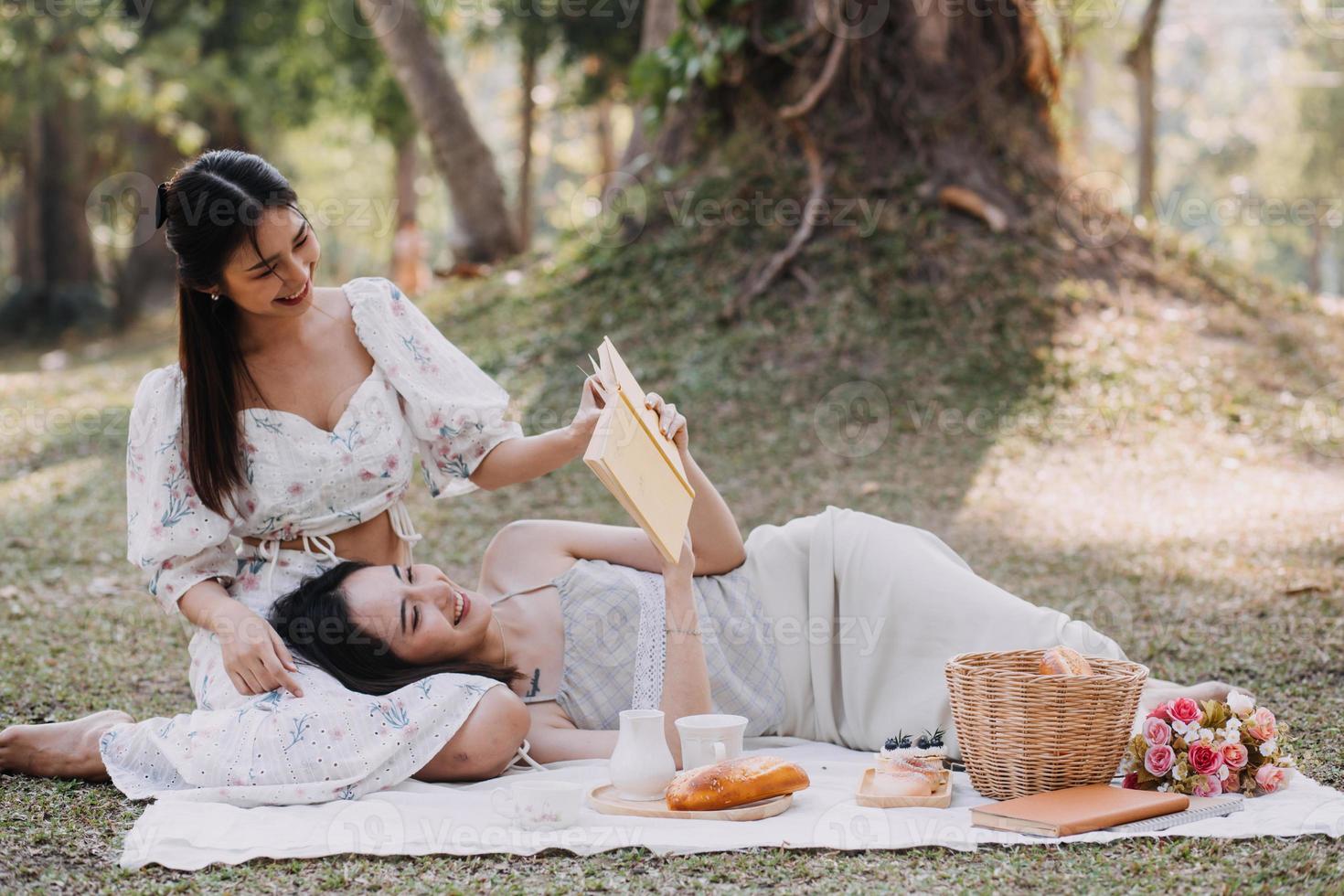 Young pretty brunette twin girls sitting on the grass with legs slightly bent in knees and looking in a brown book, wearing casual coat in autumn sunny weather on blurry background. photo