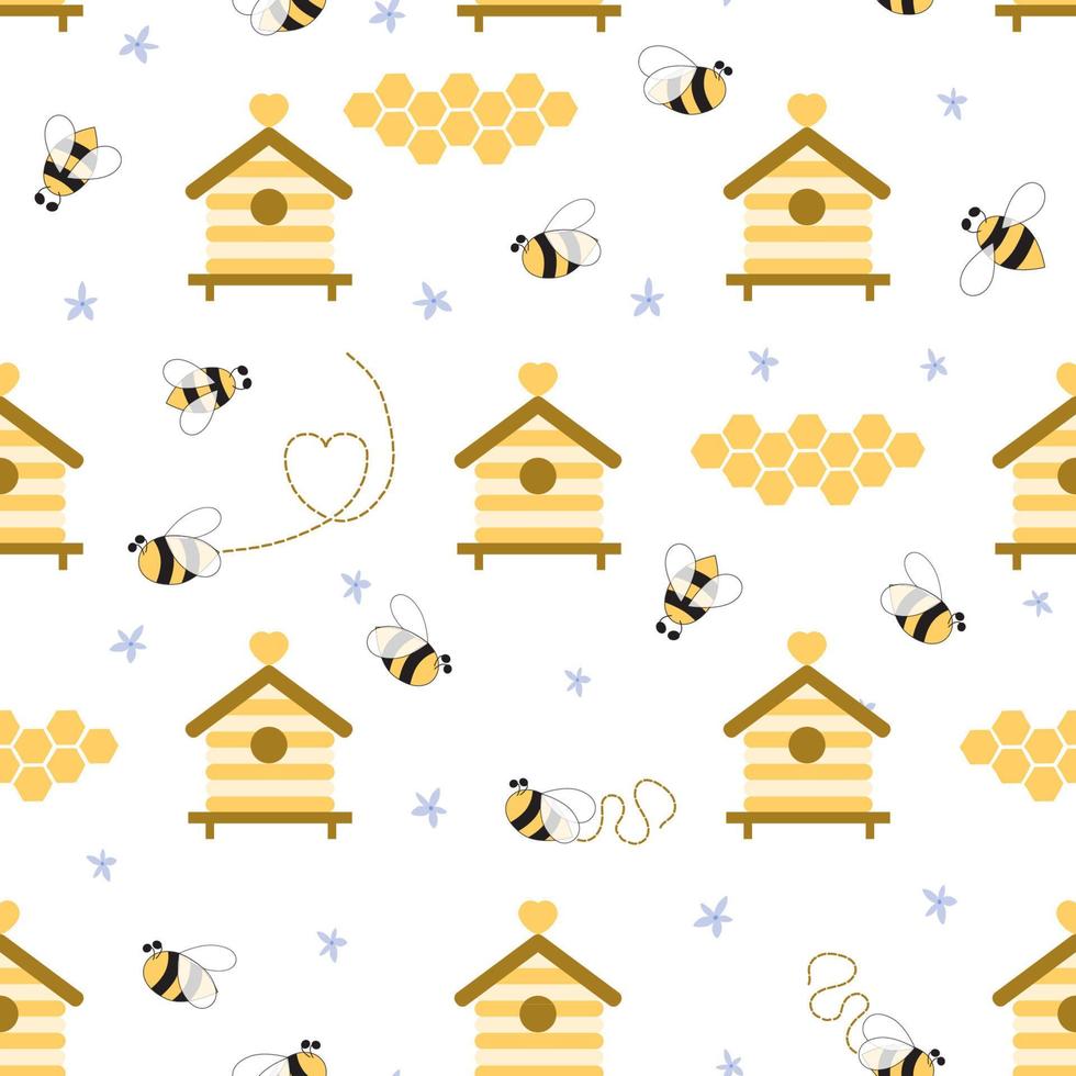 Beekeeping seamless pattern yellow colors. Honey apiary beehive background. Cute honeycomb, bees, bee houses wallpaper. Sweet natural honey design template. Healthy organic food apiary illustration. vector