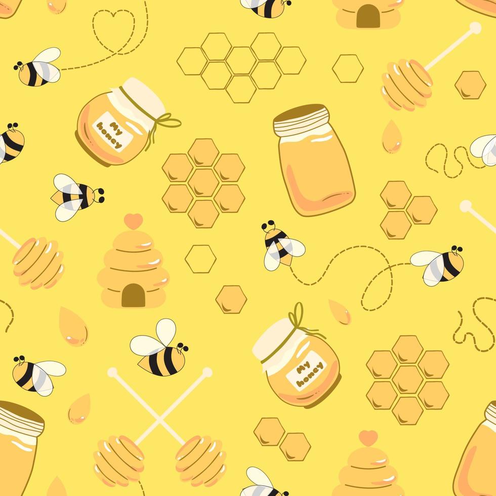 Herbal seamless pattern with insects bee Green herb summer time background. Nature organic design Ecological wild pattern Botanical print textile design Green illustration Endless cute bee ornament. vector