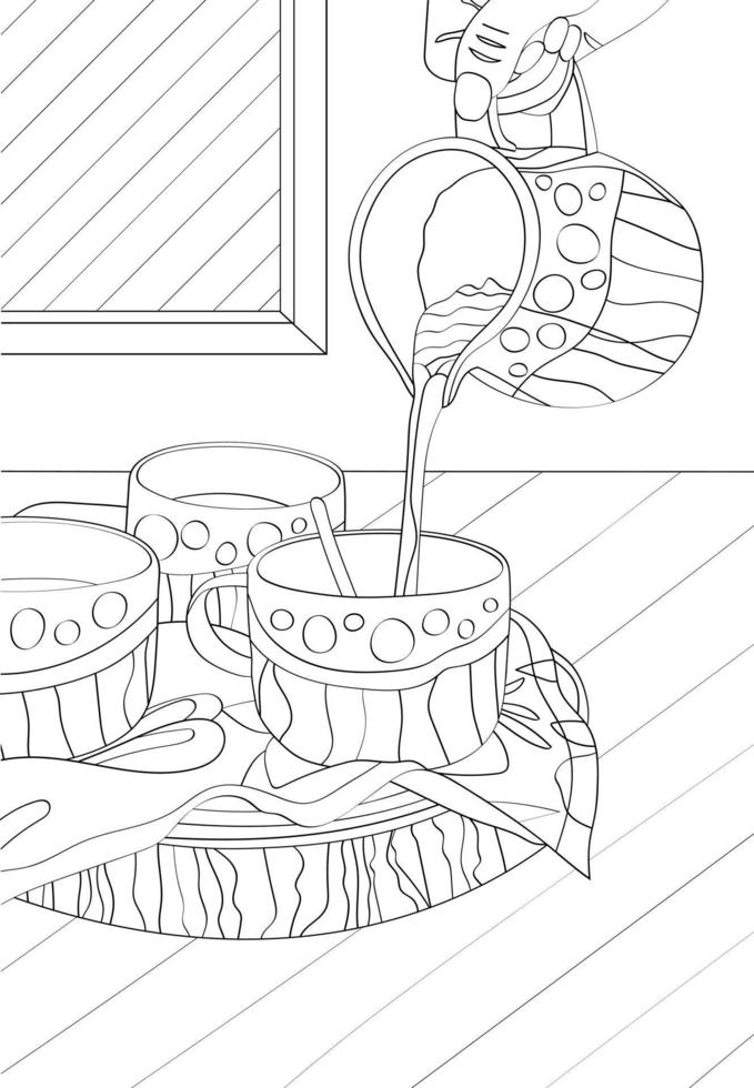 Cups and jug. Vector anti-stress coloring in sketch style.