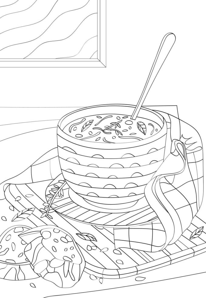 A bowl of soup and two slices of bread. Vector anti stress coloring book.