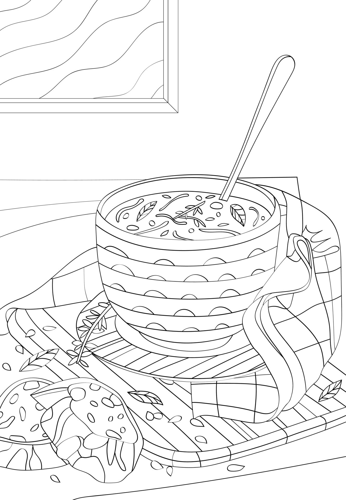 A bowl of soup and two slices of bread. Vector anti stress coloring