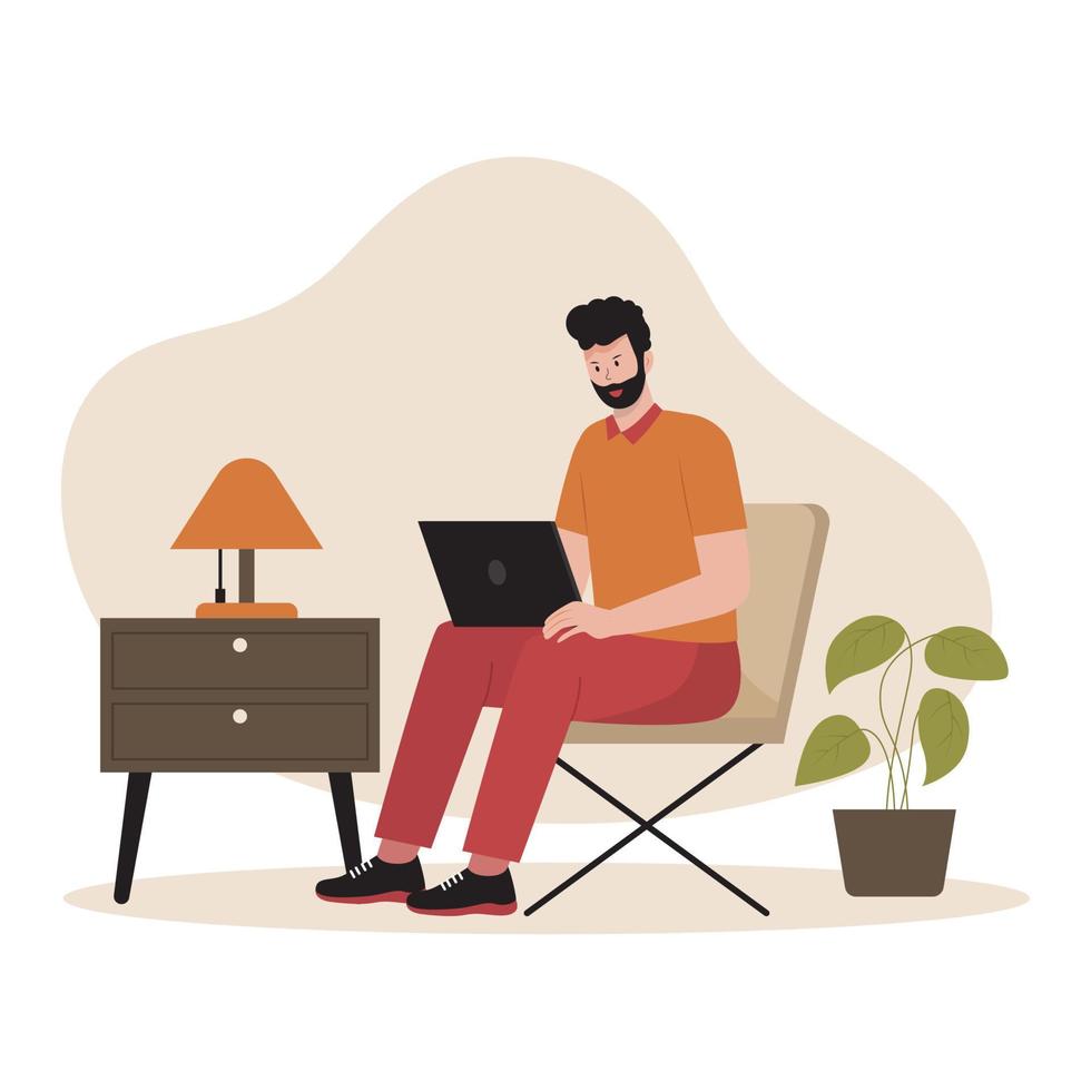 Man freelancer working from home. Illustration for website, landing page, mobile app, poster and banner. Trendy flat vector illustration