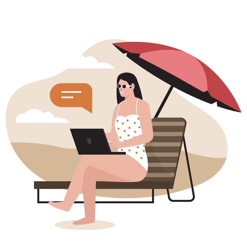 Freelancer working on vacation. Illustration for website, landing page, mobile app, poster and banner. Trendy flat vector illustration