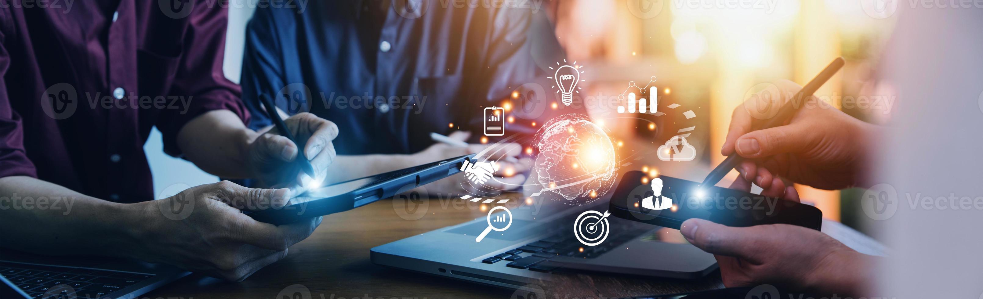 woman Hand holding virtual Global Internet connection metaverse. Business global internet connection application technology and digital marketing, Financial and banking, Digital link tech, big data. photo
