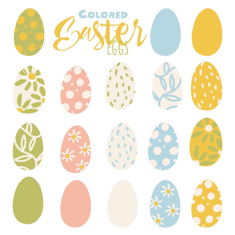 Easter eggs. A set of vector illustrations in the flat style with delicate colors. Colored, painted Easter eggs with different patterns in the colors yellow, blue, green, pink. Easter color scheme