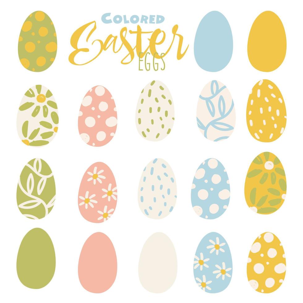 huevos de Pascua. un conjunto de ilustraciones vectoriales de estilo plano con colores delicados. huevos de pascua pintados y coloreados con diferentes patrones en los colores amarillo, azul, verde, rosa. esquema de color de pascua vector