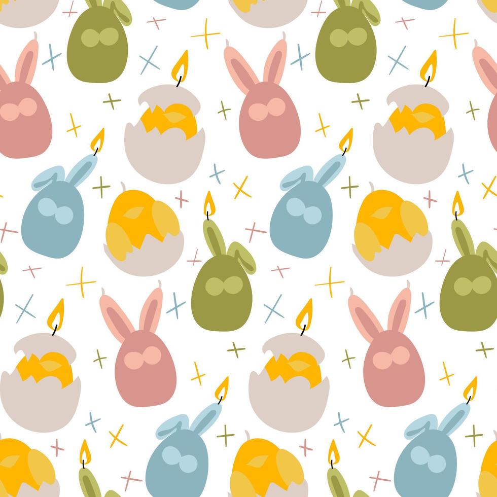 A pattern of Easter candles in the form of colored hares and chickens with shells in different colors. Wax candles with a wick on a white background. Easter candles. Print. Gift packaging vector