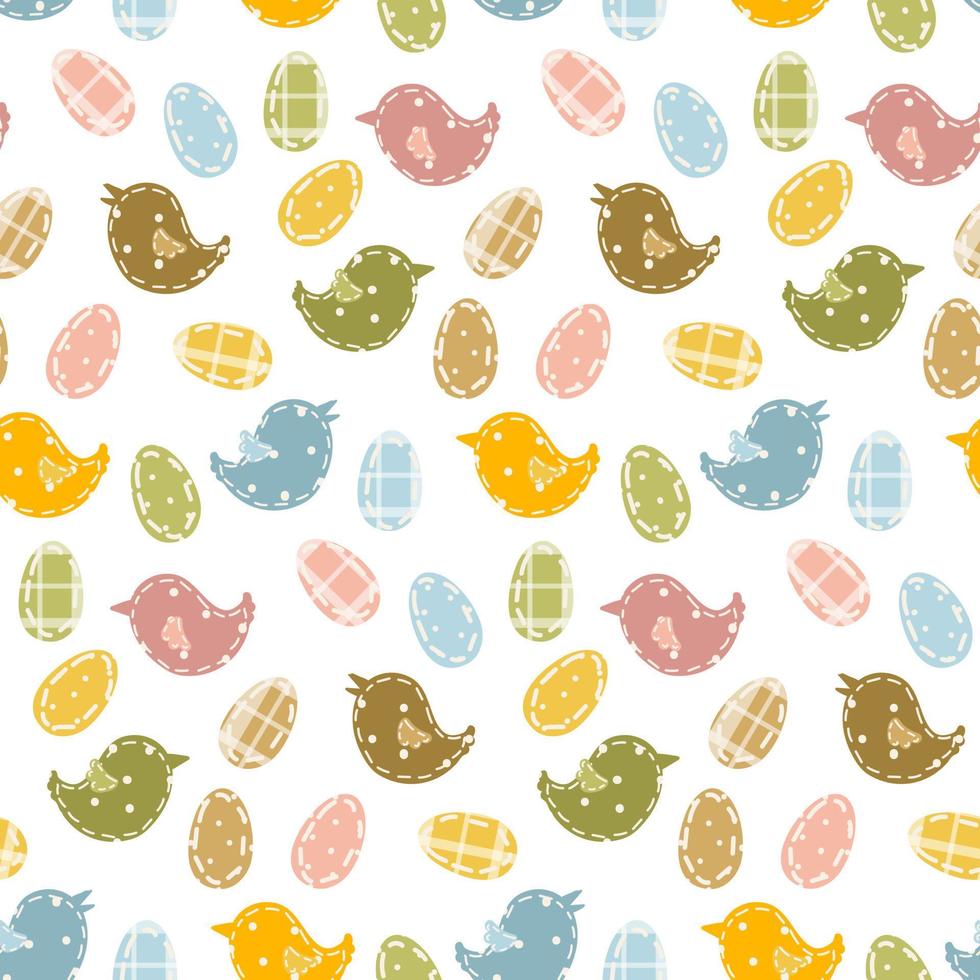 A pattern of Easter eggs with a texture of different types of fabric and colors. The contours of eggs and birds are made of pea, checkered and plain fabric. Easter background. Holiday packaging vector