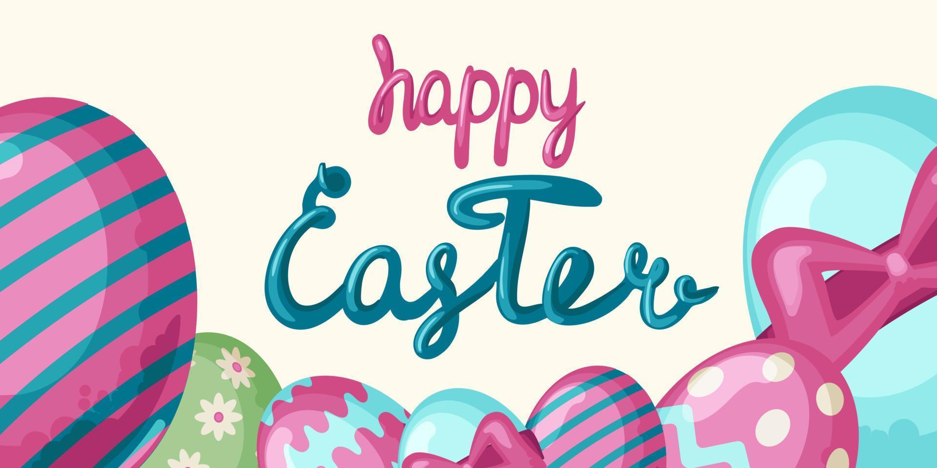 Happy Easter banner, poster, greeting card. Trendy Easter design with typography, bunnies, flowers, eggs. vector