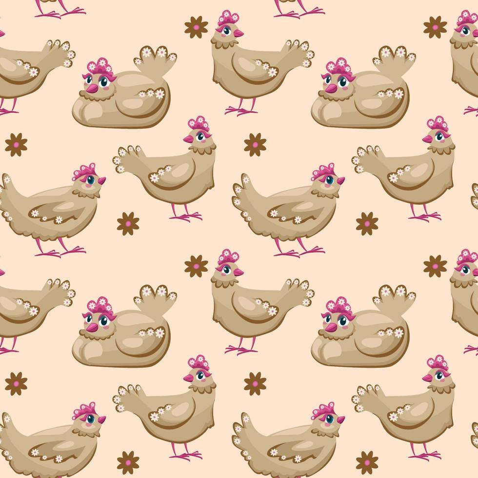 Seamless pattern with chicken and egg. A cute chicken with big eyes. Cartoon style. Ykrayaya illustration. The chicken lays eggs. For children s cartoons, games, textiles, and children s products. vector