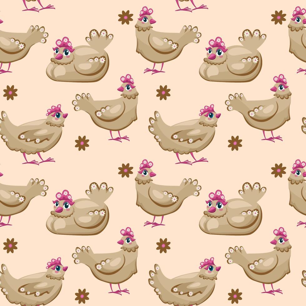 Seamless pattern with chicken and egg. A cute chicken with big eyes. Cartoon style. Ykrayaya illustration. The chicken lays eggs. For children s cartoons, games, textiles, and children s products. vector