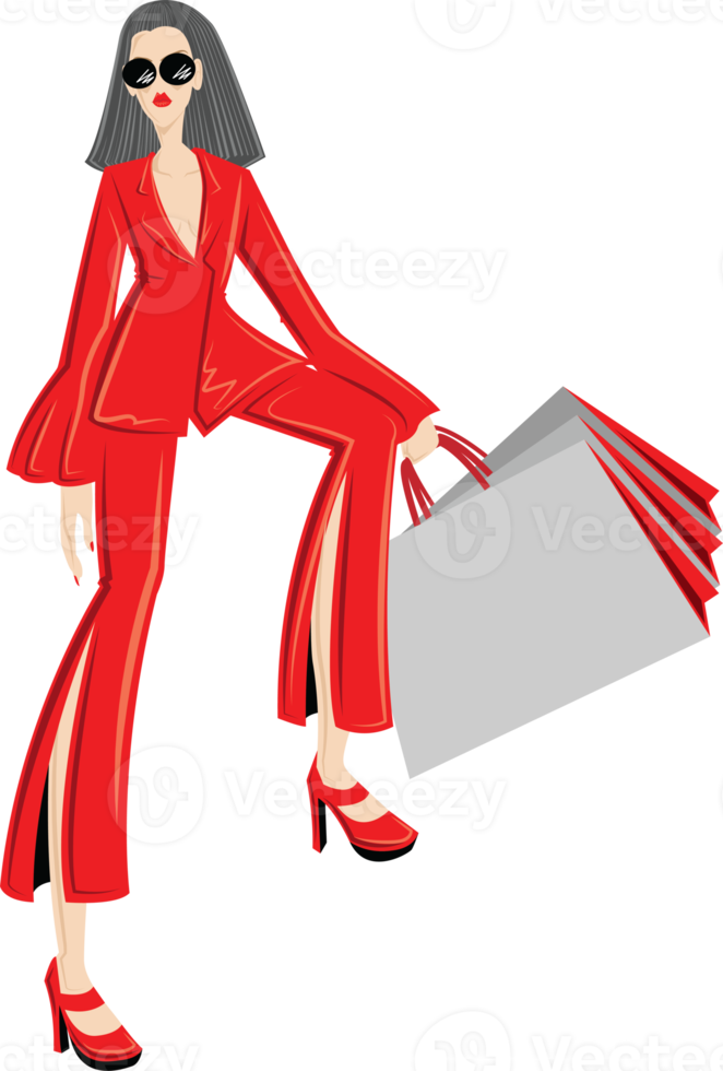 chic woman wear red clothes with shopping bag png