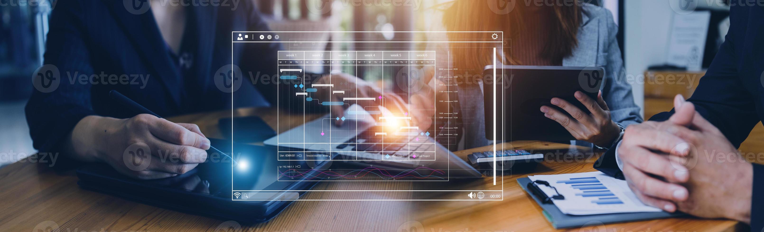 Analyst working with computer in Business Analytics and Data Management System to make report with KPI and metrics connected to database. Corporate strategy for finance, operations, sales, marketing photo