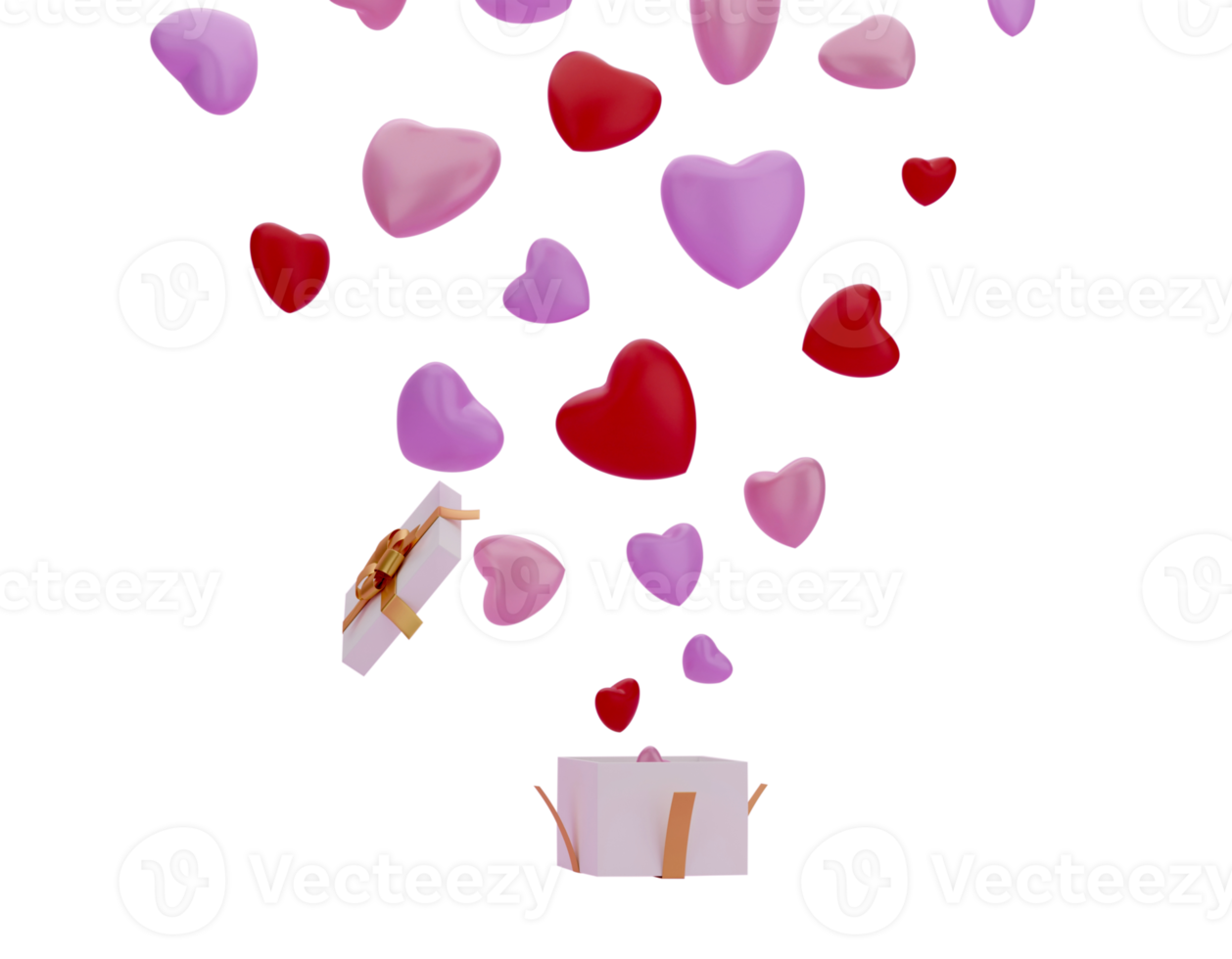Open gift box with balloon heart isolated transparent background PNG file. 3D Render.