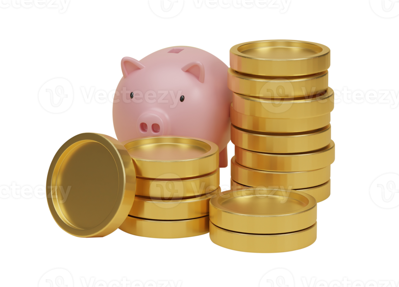 3d rendering. Stack of golden coins with pink piggy bank isolated on transparent background PNG file.