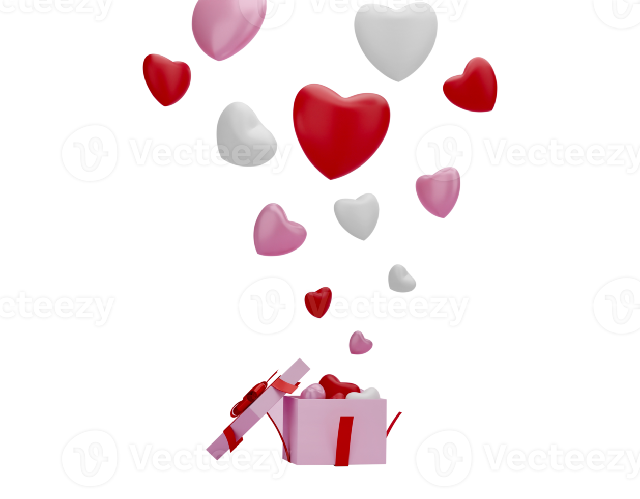 Open gift box with balloon heart isolated transparent background PNG file. 3D Render.