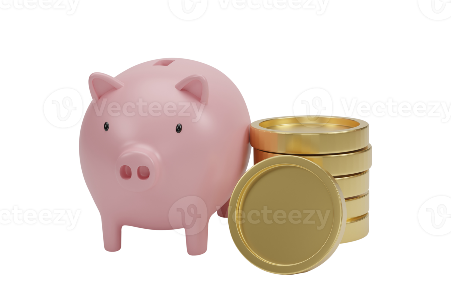 3d rendering. Stack of golden coins with pink piggy bank isolated on transparent background PNG file.