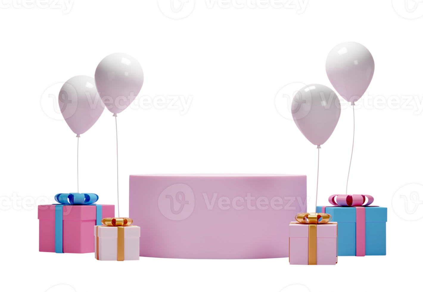 Gift box and balloons with platform for cosmetic product presentation isolated on transparent background PNG file. 3d rendering.