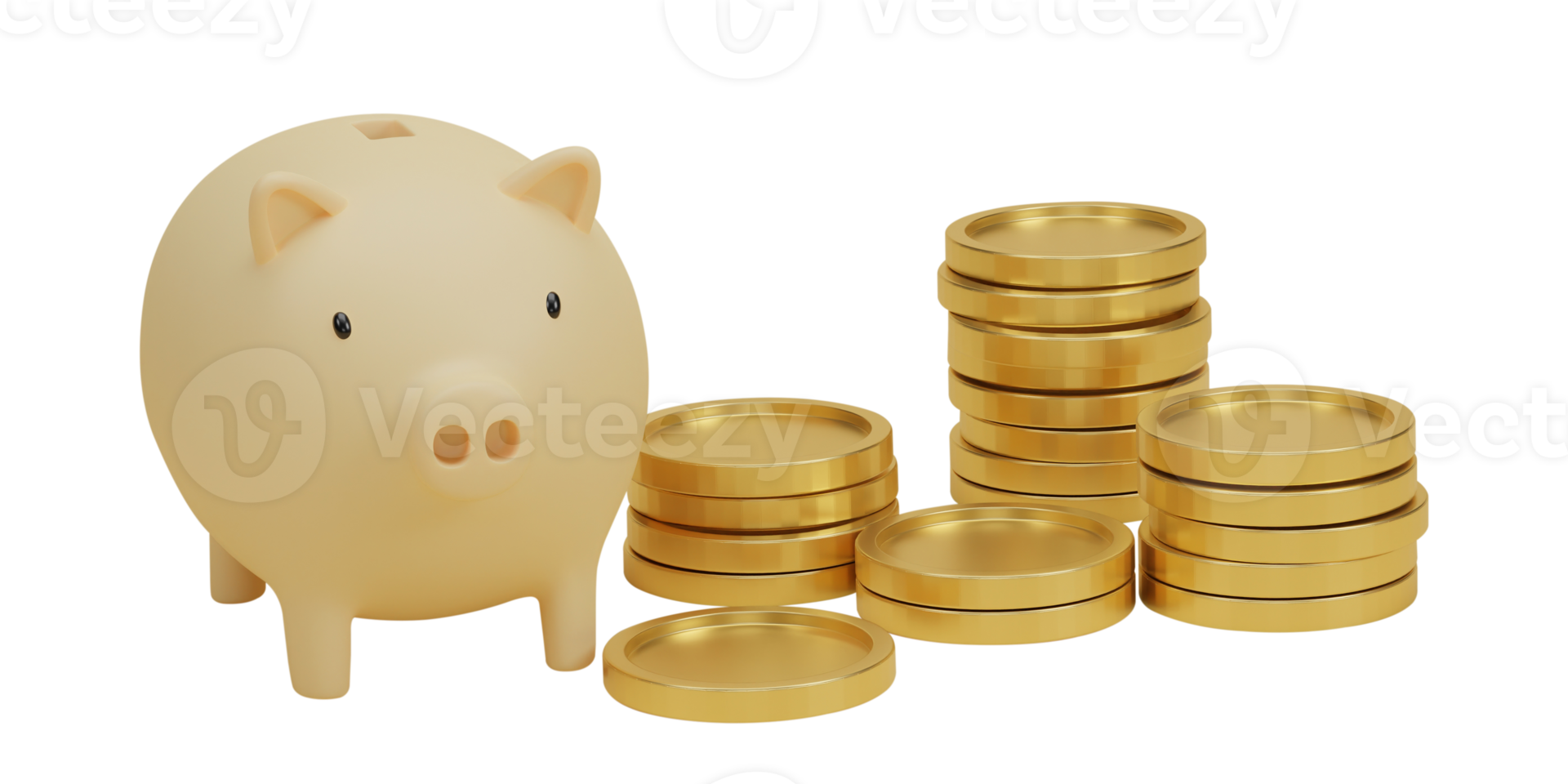 3d rendering. Stack of golden coins with pink piggy bank isolated on transparent background PNG file.