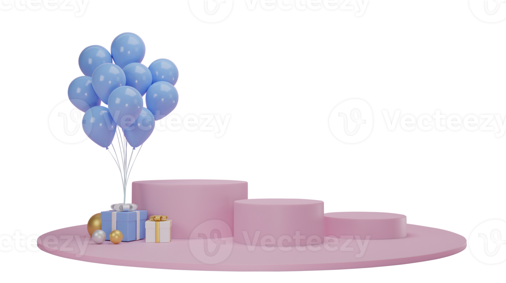 Gift box with balloon and circle podium on isolated on transparent background PNG file. 3d rendering