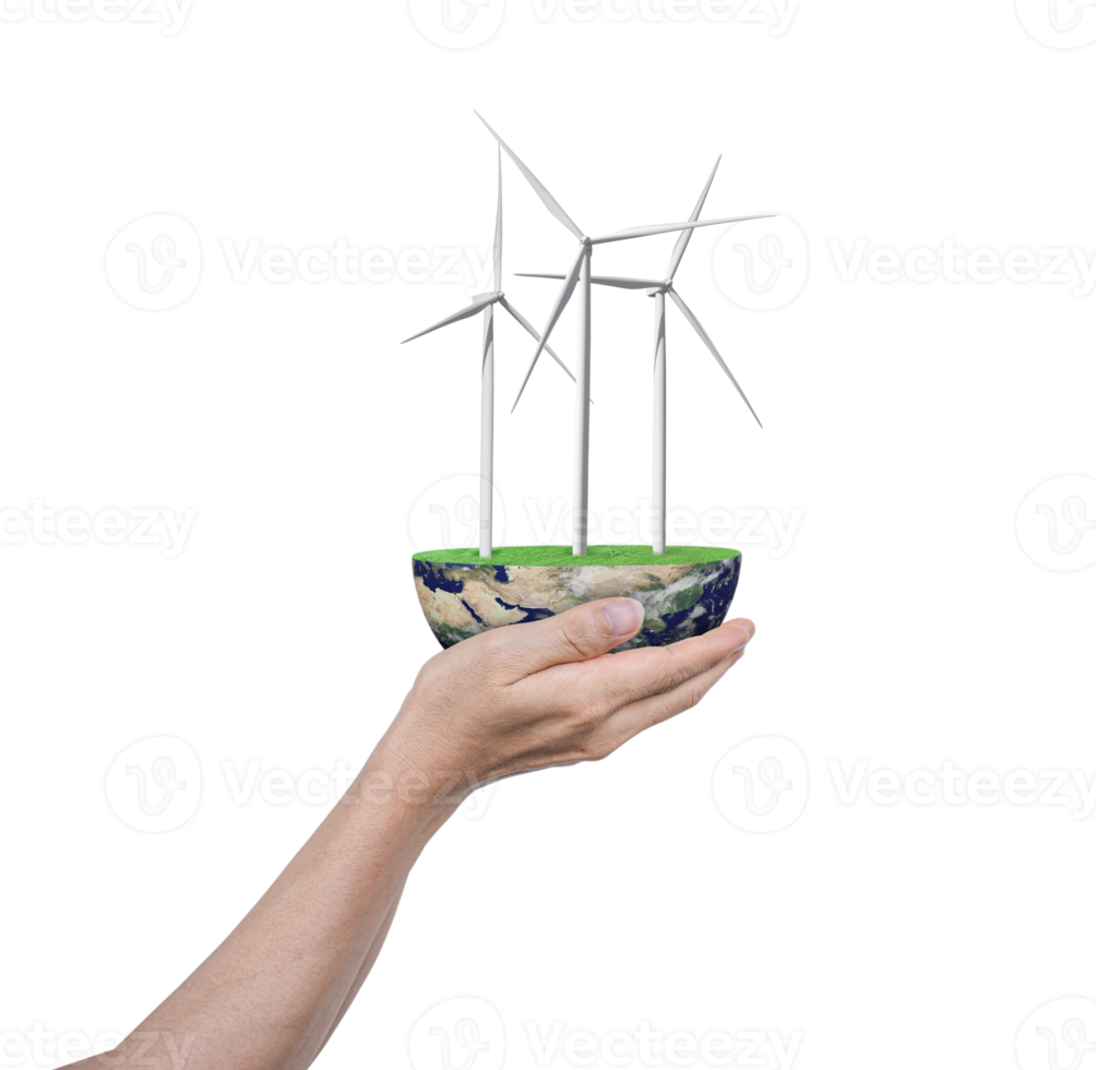 Wind turbines and globe in human hand isolated on transparent background PNG file. Elements of this image furnished by NASA