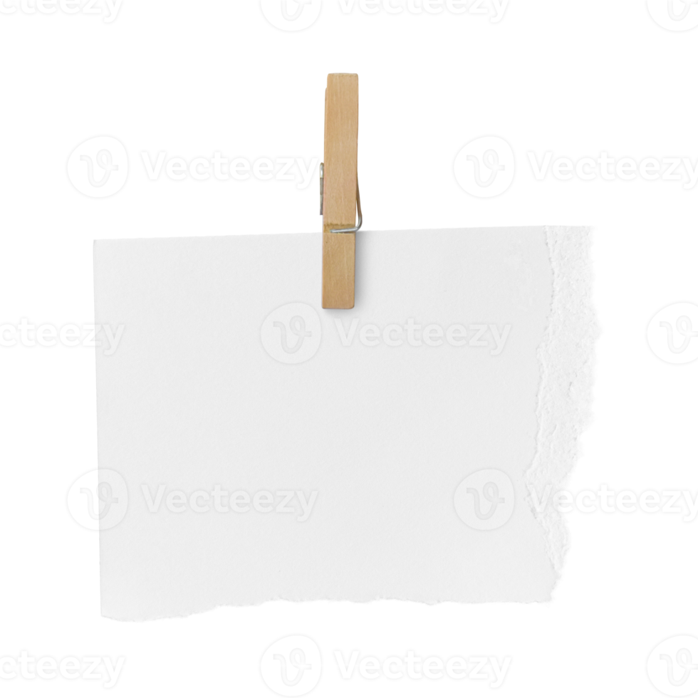 Wooden clip and white paper torn isolated on transparent background PNG file.