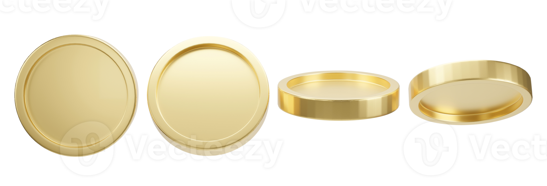 Set of golden coin in different shape isolated on transparent background PNG file. 3d rendering.