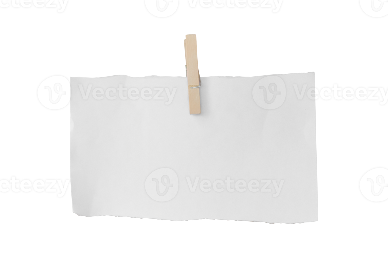 Wooden clip and white paper torn isolated on transparent background PNG file.