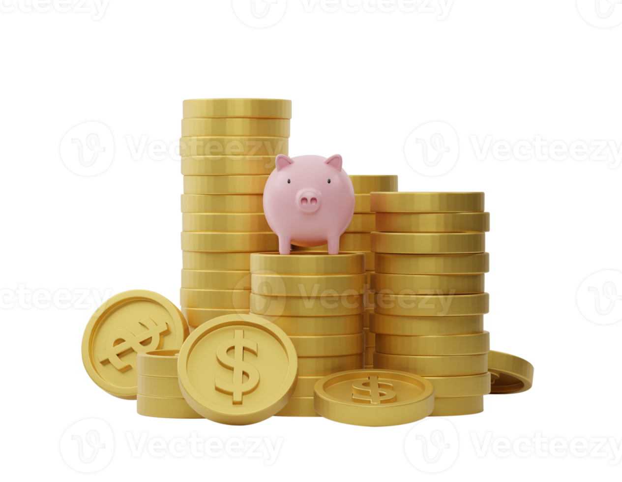 3d rendering. Stack of dollar coins with pink piggy bank isolated on transparent background PNG file.
