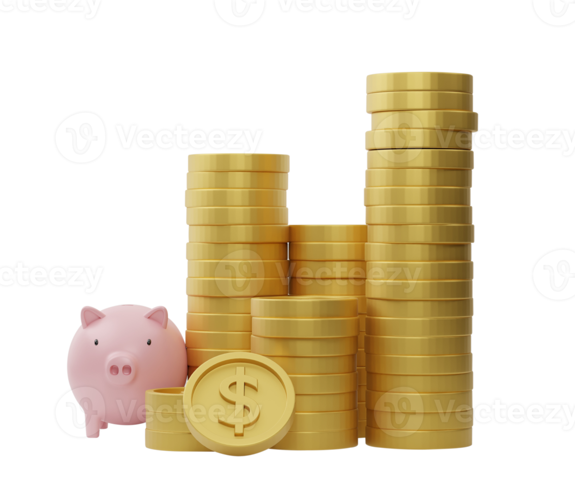 3d rendering. Stack of dollar coins with pink piggy bank isolated on transparent background PNG file.